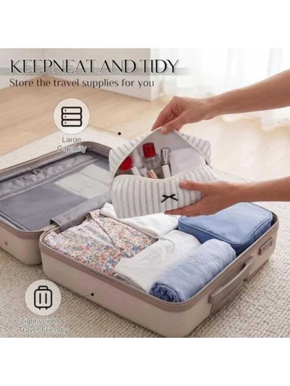 Cute Travel Makeup Bag Set - 8Pcs Cosmetic Organizer, White & Black Stripes